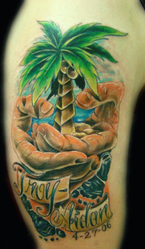 Palm Tree In Hands Tattoo On Man Right Half Sleeve
